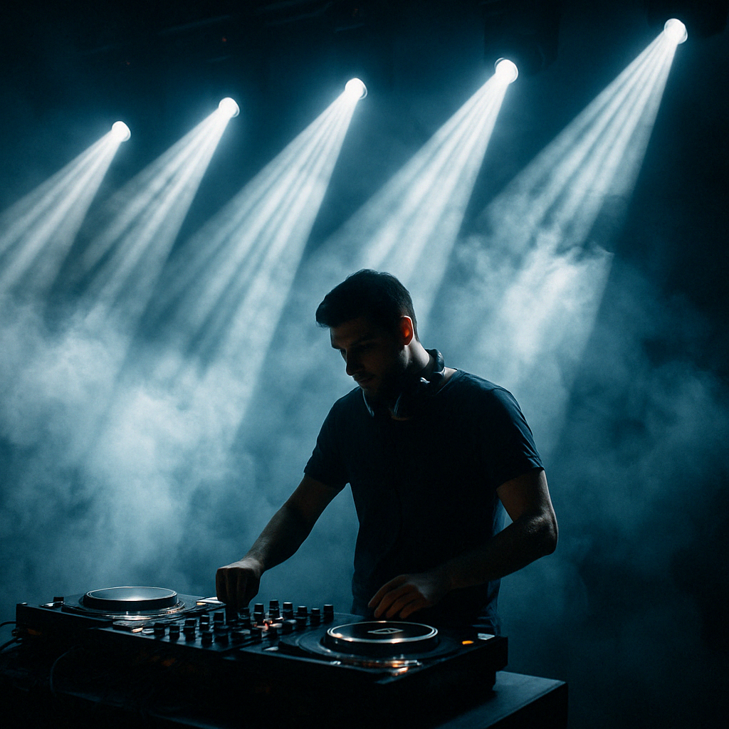 Goboları yansıtan hareketli kafa ışıklarına sahip DJ kabini