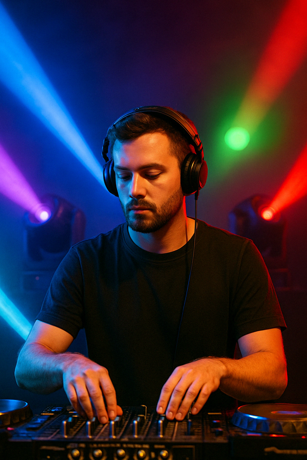 Bir etkinlikte hareketli kafa ışıkları kullanan DJ