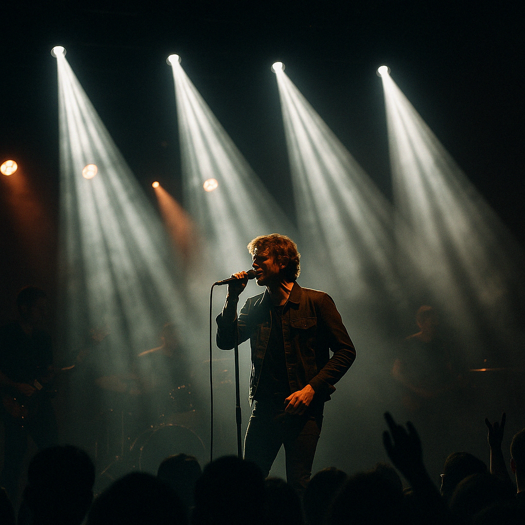 Live concert scene with spot lights hitting the lead singer
