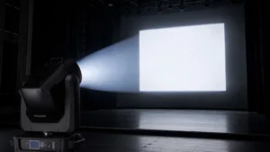 Profile moving head projecting a framed beam on a theatre stage
