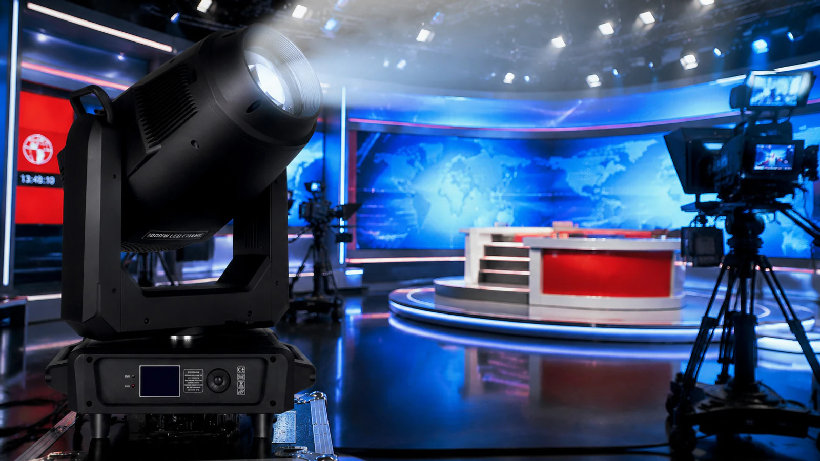 Profile moving head controlling light spill around an LED screen
