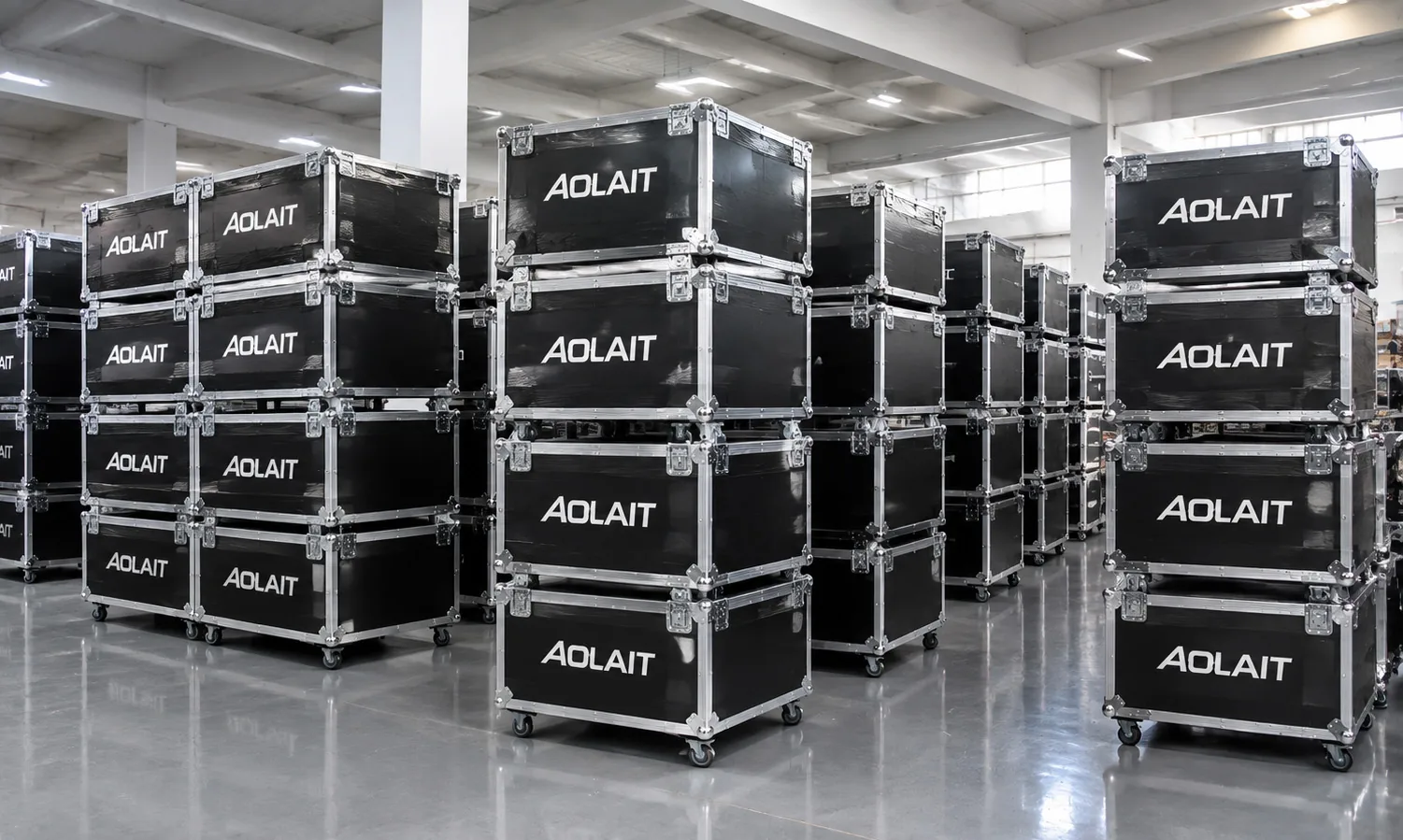 Stage lighting fixtures packed in export cartons and flight cases