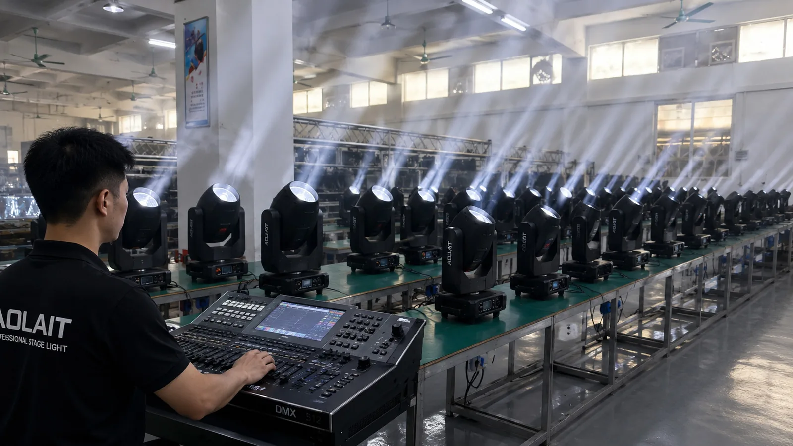 Technician testing a stage lighting sample with DMX control