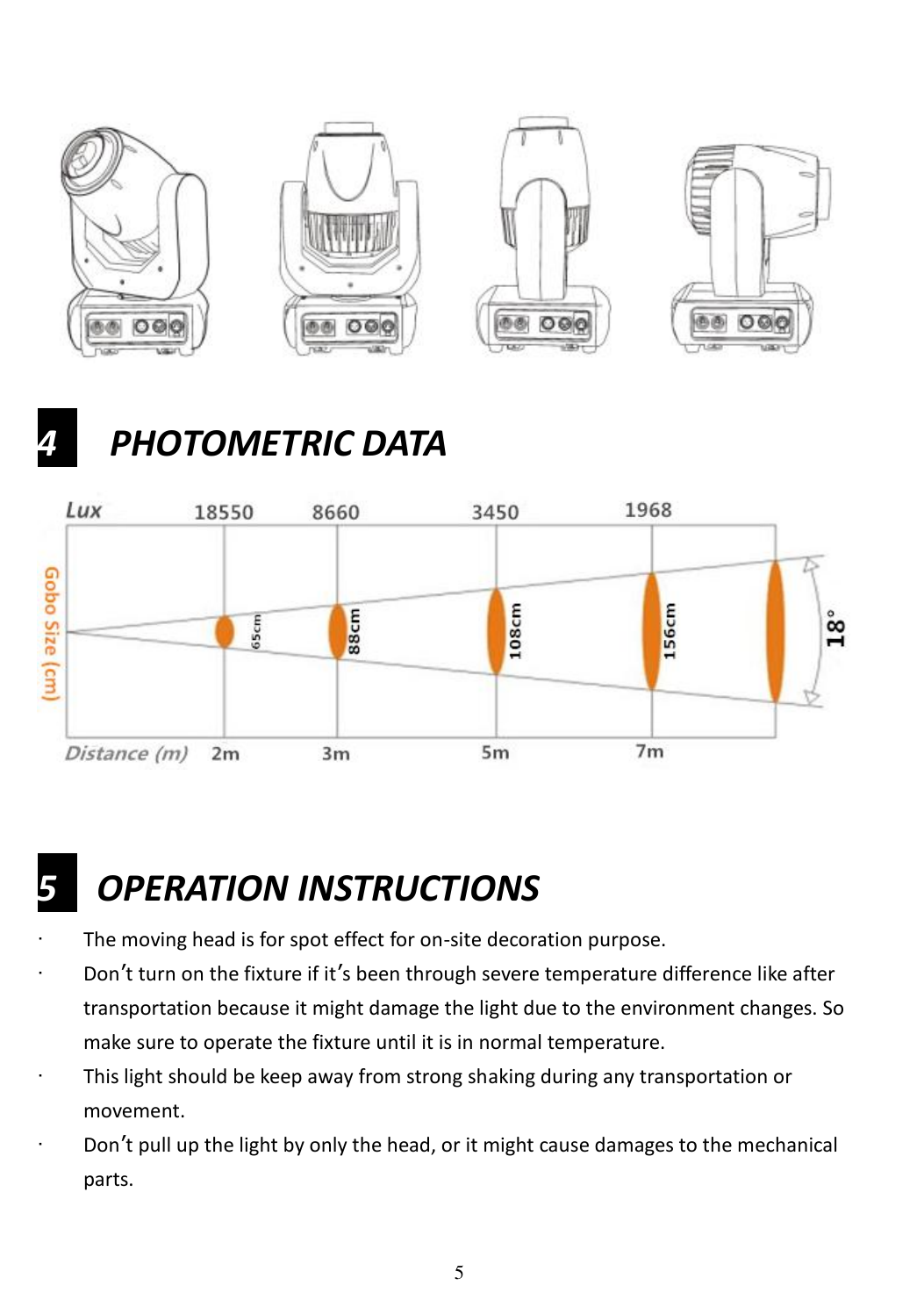AOLAIT AL150LS manual photometric chart showing published white-light lux readings at 2, 3, 5 and 7 metres