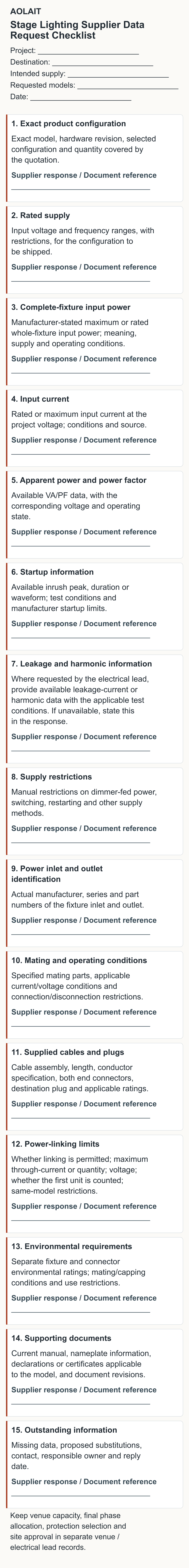 Lista de Verificação de Solicitação de Dados do Fornecedor de Iluminação de Palco: 15 solicitações cobrindo configuração de modelo, dados elétricos, conectores, cabos, limites de operação e documentos.